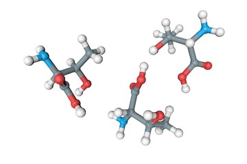 Molecular structure of l-threonine or threonine. Atoms are represented as spheres with conventional color coding: carbon (grey), oxygen (red), nitrogen (light blue), hydrogen (white). 3d illustration
