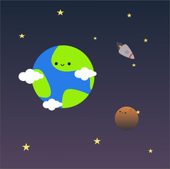 vector illustration cute character earth and moon. space background with full of stars