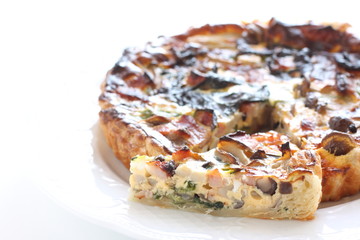 French food, homemade Shimeji mushroom and spinach quiche