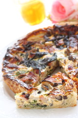 French food, homemade Shimeji mushroom and spinach quiche