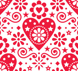 Valentine's Day folk art vector seamless pattern - Scandinavian style design with hearts and flowers 