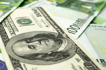 Hundred dollar bill. Falling money isolated background. American