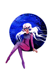 Hand drawn watercolor young girl on a background of a blue planet with stars. The girl has white hair and eyelashes. She is dressed in a pink-violet suit.