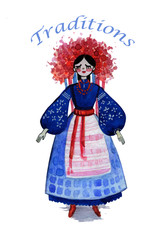 Watercolor young girl in a blue embroidered shirt with a big red gorgeous wreath on her head. On the girl is a red belt and apron.