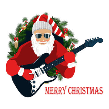 Vector image of santa claus with a guitar. Santa Claus, guitar, christmas wreath.