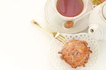 Sugar deep fried bread on dish with copy space
