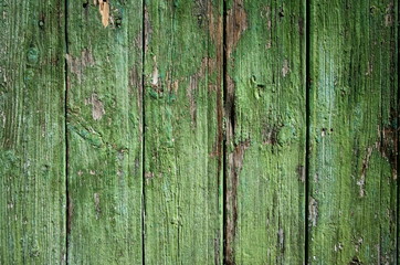 Rustic weathered wooden planks. Old green fence with worn wood texture.