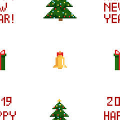 Colorful Pixel Pattern with Christmas Elements. Atcade games style