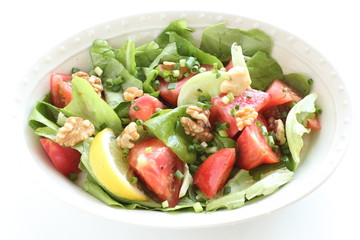 Tomato and walnut salad on white background with copy space
