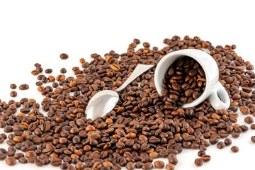 Cup of Coffee Beans Isolated on White Background, close-up