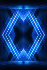 Abstract blue dark background. Dark night scene with neon lines and rays. Dark light corridor. Symmetrical reflection, neon.