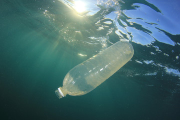 Plastic water bottle discarded in ocean, causing pollution environmental problem
