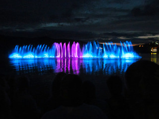 .Night photo of fountains of different colors.