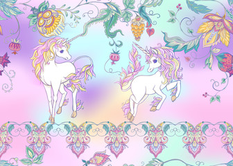 Obraz na płótnie Canvas Seamless pattern with stylized ornamental flowers in retro, vintage style with unicorns. Jacobin embroidery. Colored vector illustration In pink, blue, ultraviolet colors on mesh background