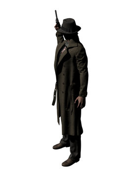 Detective In Trench Coat With Raised Weapon 3-D-Illustration (White Background)