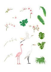 Naklejka premium Set of tropical plans, flowers and birds. Isolated on white background in neon, fluorescent colors. Stickers, elements for design. Colored vector illustration.