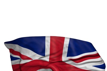 beautiful United Kingdom (UK) flag with large folds lie in the bottom isolated on white - any feast flag 3d illustration..