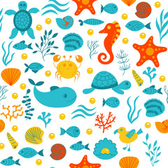 Nahtloses nettes Unterwassermuster auf weißem Hintergrund. Meeresvektortiere. Es kann für Hintergründe, Oberflächenstrukturen, Tapeten, Druckfüllungen verwendet werden. Kindermode. flaches Design