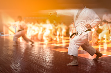 Martial art. Colored background with elements of movement and blur on the topic karate kids training. Without faces. For web design and printing. © Uladzimir