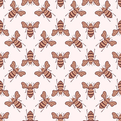 Vector seamless pattern with hand drawn honey bees. ink drawing