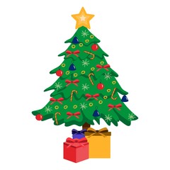Christmas tree with toys and bows on a white background. Holiday box. Colorful cartoon illustration vector