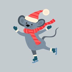 Mouse skates in winter in a hat and scarf. Happy New Year and Christmas. Winter fun. Holiday illustration vector