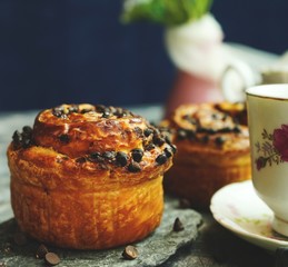 Cruffin / Chocolate Croissant muffins, selective focus
