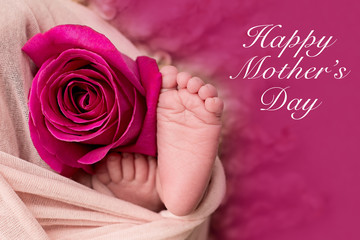 Happy Mother's day. feet of the newborn baby with pink rose flower