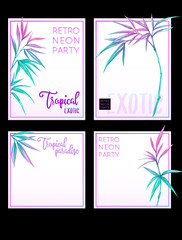 Set of text boxes for bullet journal or notes with tropical plans, flowers and birds. Stickers, elements for design. In neon, fluorescent colors. Vector illustration..