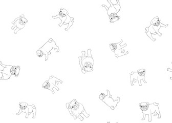 Seamless pattern, background with pug dogs. Colored vector illustration. Isolated on white background.