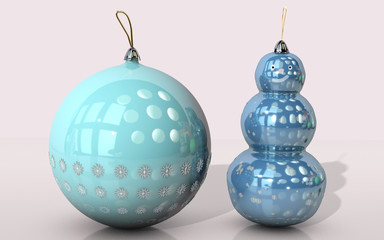 3d illustration of christmas tree round toy and snow man with snow flakes design