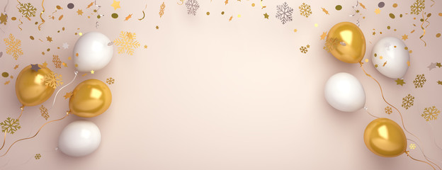 Winter abstract design creative concept, gold and white balloon, snow icon confetti glitter scattering on background. Copy space text area. 3D rendering illustration.