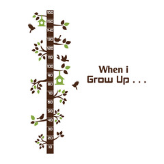 Kids height ruler with a tree and birds for wall decals, wall stickers - Vector
