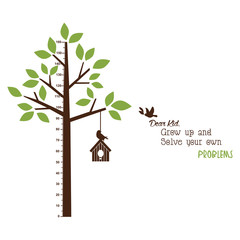 Kids height ruler with a tree and birds for wall decals, wall stickers - Vector