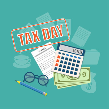 tax day with calculator, bill, dollars,  pencil and glasses