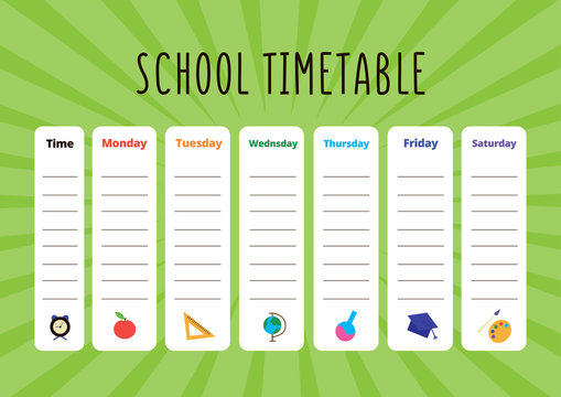 School timetable with place for text. Vector everyday planner with green glowing backgrounds. Educational organizer with different school objects. A4 scaled standard size