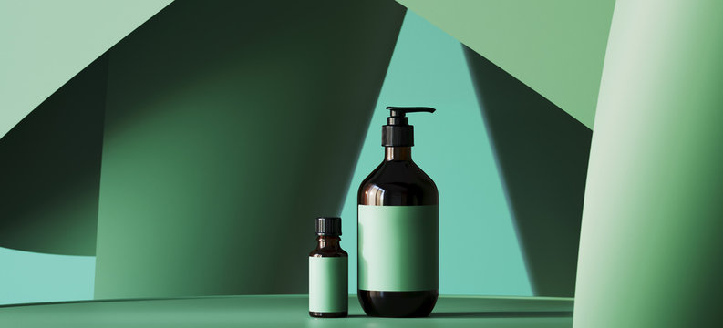 Abstract background for branding, identity and packaging presentation. Cosmetic bottle and green color paper background. 3d rendering illustration.