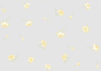 Narcissus. Seamless pattern, background. Colored vector illustration. In art nouveau style, vintage, old, retro style. In soft yellow colors. On soft grey background