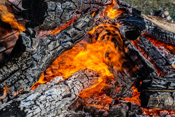hot fire for wood, coals for barbecue. Selective focus