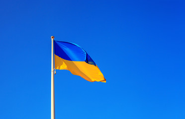 Ukrainian flag waving on blue sky background