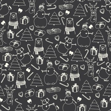 Vector holiday seamless surface pattern. Hand drawn presents, Christmas trees, deer, bear, snow man, candies, sweets, white chalk lines on black chalkboard background. Doodle style for prints, cards