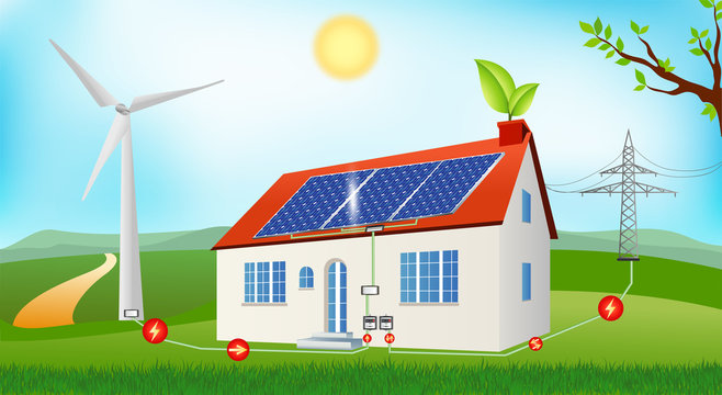 Prosumer renewable energy. Economic sharing of self-produced energy. Eco-friendly house. Solar Panel. Clean and green energy dwelling investment. Alternative energy development and construction