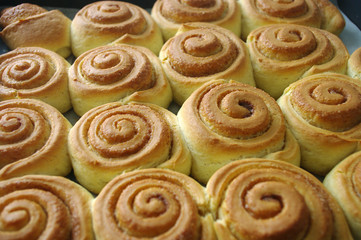 Obraz na płótnie Canvas Fresh baked cinnamon rolls, home kitchen