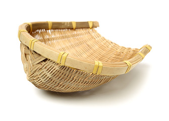 Bamboo basket hand made isolated on white background. Woven from bamboo tray.