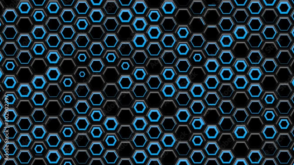 Poster randomly pulsating hexagonal grid. neon blue light hexagon pattern.