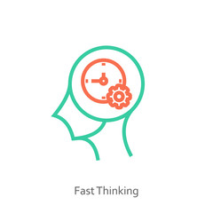 Fast thinking icon concept with clock and gear in the drawing of human brain isolated on white background, vector and illustration.