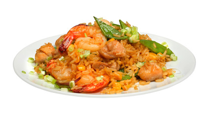 Rice with chicken meat, shrimps and vegetables on white round plate
