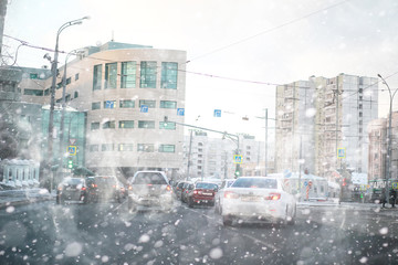 Traffic jam from cars in the city. Streets at rush hour.