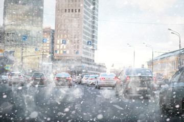 Traffic jam from cars in the city. Streets at rush hour.