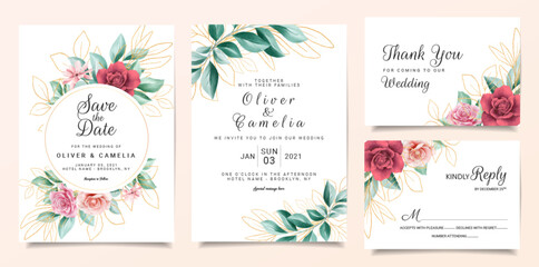 Gold floral wedding invitation card template set with flowers decoration and outlined glitter leaves. Peach roses illustration for background, save the date, invitation, greeting card, poster